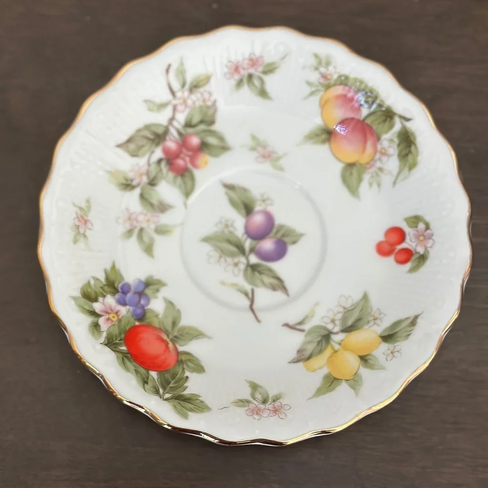 Andrea by Sadek Teacup Saucer‎ Fruit Pattern Gold Trim Made in Japan Porcelain